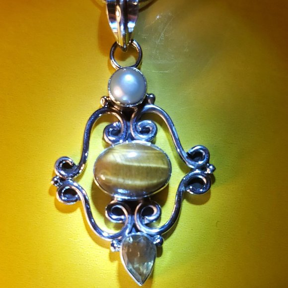 TIGER EYE CITRINE &PEARL STERLING SILVER PENDANT - Picture 2 of 6